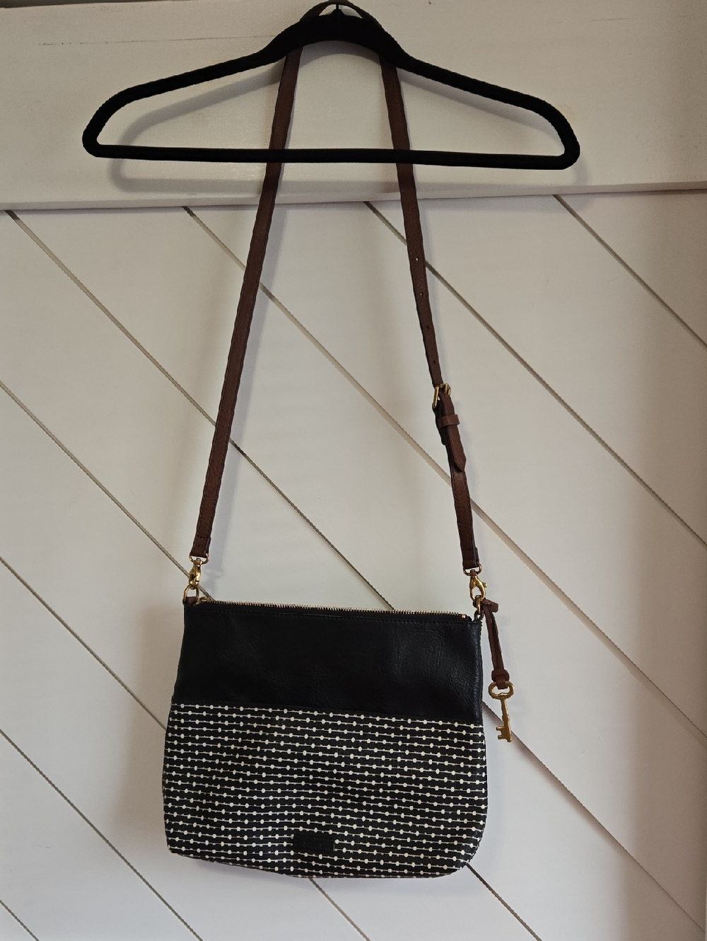 Fossil Black and Brown Crossbody with Woven Front Panel